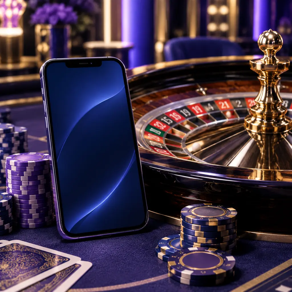 Ponsel dengan layar abstrak di samping roda roulette dan cip