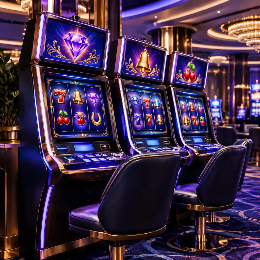 Deretan mesin slot dengan simbol geometris berwarna