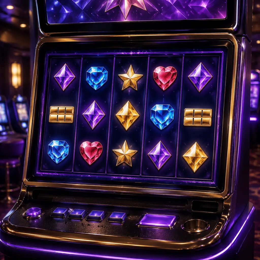 Layar mesin slot dengan simbol permata dan bintang